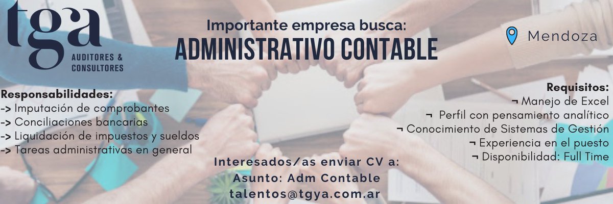 TGA_CONSULTORES's tweet photo. 📣 ¡Búsqueda Activa en Mendoza!
➡️ Nuestro cliente, una importante empresa del rubro comercial busca ADMINISTRATIVO CONTABLE para incorporar a su equipo.
#Mendoza #OfertaLaboral #EmpleoMendoza #EmpleoEnMendoza #Administrativo #Contable https://t.co/npWv2Eb0nM
