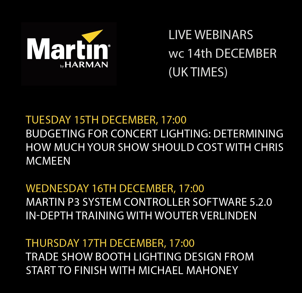 MartinProUKDist's tweet photo. It's been a while since we last shared with @Martin_Global's online training webinar schedule, but here's what's coming up this week!
Tap the link below to register your interest!
https://t.co/4C5V6Bc1za
#UKLighting #MartinLighting https://t.co/AtcnpUErFK