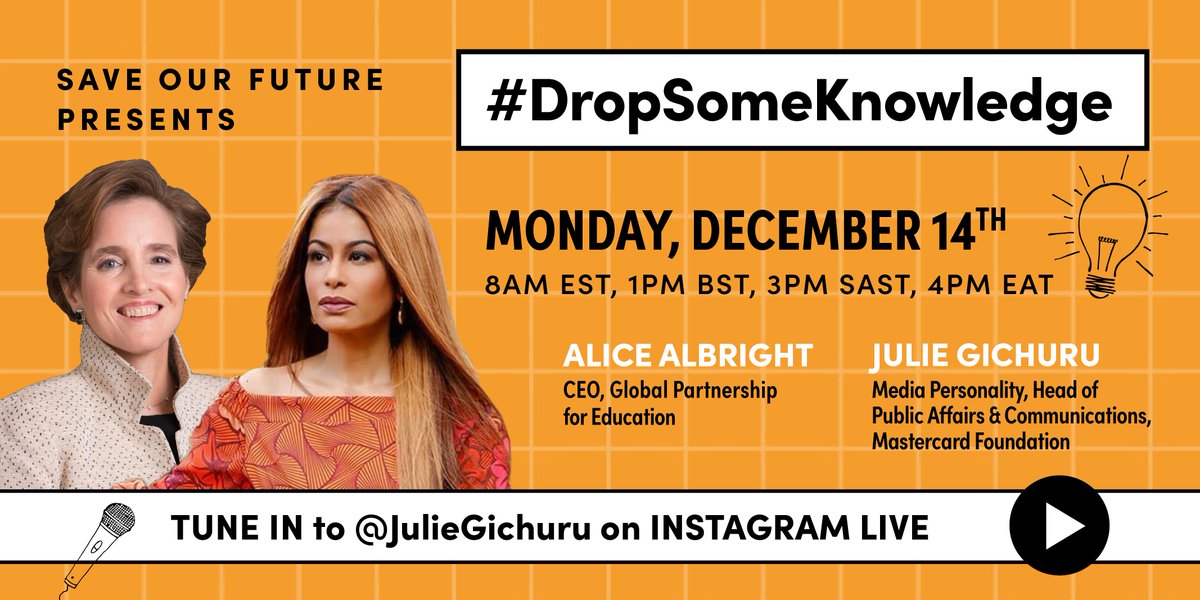 savefuturenow's tweet photo. Let's do this ๐๐ฝ
TODAY we'll be live on Instagram for #DropSomeKnowledge with @AliceAlbright & @JulieGichuru! #SaveOurFuture
โถ๏ธ Go to @JulieGichuru's Instagram account
๐ 8 a.m. EST / 1 p.m. BST / 3 p.m. SAST / 4 p.m. EAT
๐ฌ Use #DropSomeKnowledge to share your ideas! https://t.co/qzZ3P4k1I2