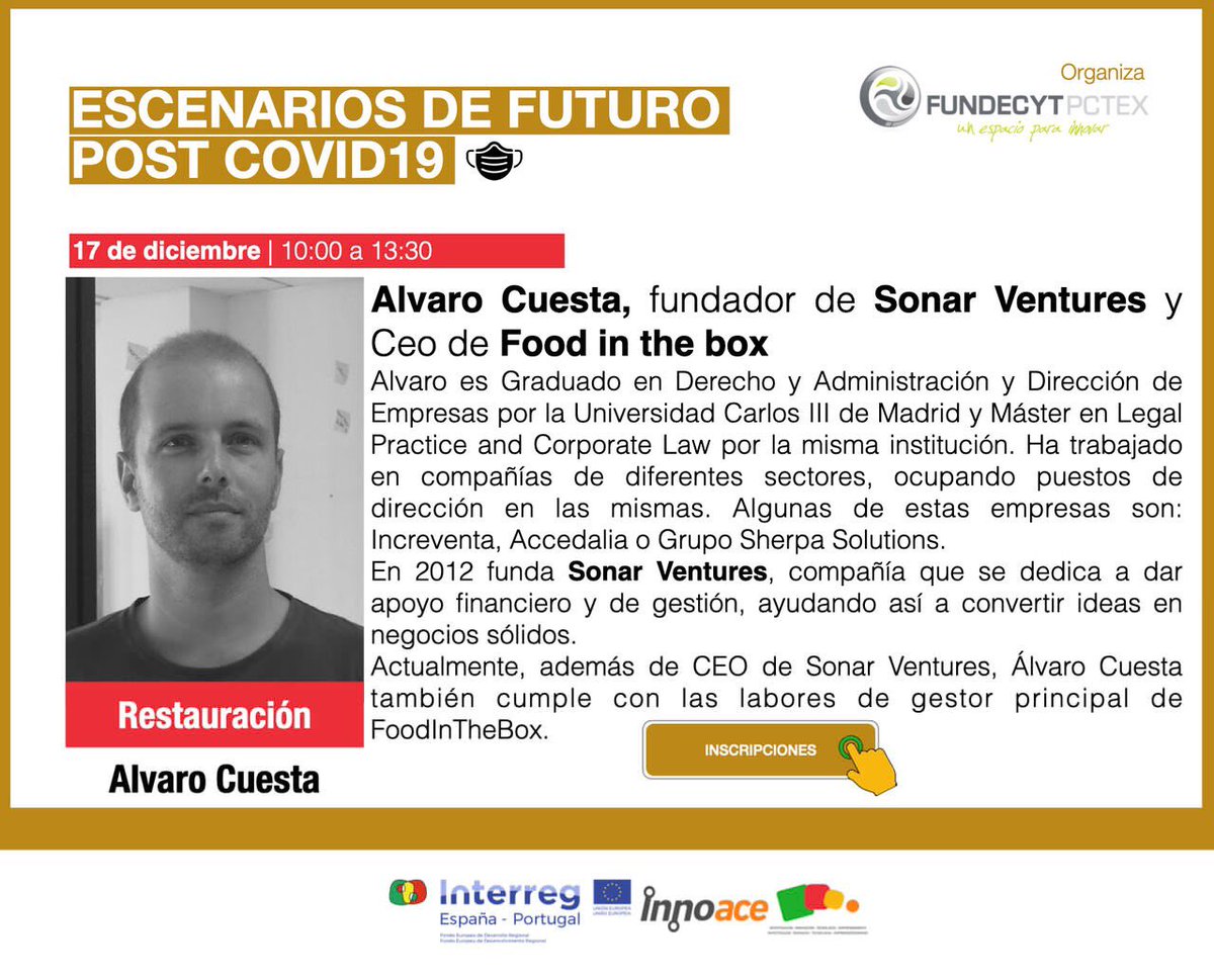 FOvilo's tweet photo. 17/12 @FundecytPCTEX escenarios de futuro post #covid19 hablaremos con @emprendercuesta Ceo de @sonarventures y @Foodinthebox , de #emprendimiento #restauracion #delivery #inversion #innoace
#online & #free no te lo pierdas, conectate!!
INSCRIBETE YA EN: https://t.co/Kk5w0SOyJm https://t.co/f38Jw9KhRy