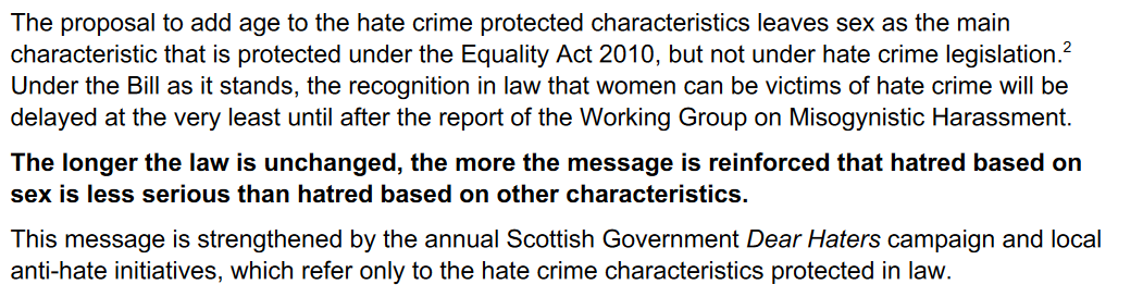 We draw attention to continuing omission of sex as a characteristic protected under the bill.