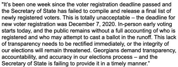 KLoeffler's tweet image. Statement from @Perduesenate and me on the Secretary of State's refusal to release a final list of newly registered voters. #gapol #gasen