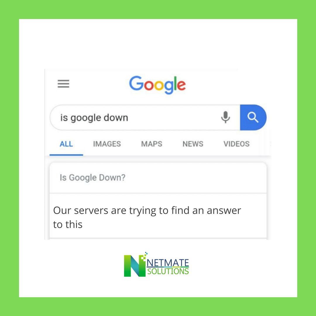 netmatesolns's tweet photo. With Google servers down globally, our copywriters decided to have a lighter moment.
#googledown #YouTubeDOWN #Google #Incognito #GoogleServerDown #gmail #Server #gmaildown #Trending #trendingnow #momentmarketing #copywriter #marketingmemes #MEMES #memesdaily #NetmateSolutions https://t.co/FXPYgn7r45