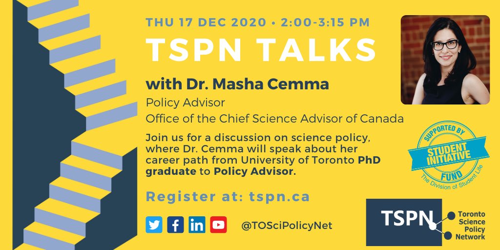 TOSciPolicyNet's tweet photo. ๐ข Have you signed up for TSPN Talks on December 17th at 2 pm? Dr. Masha Cemma will be walking us through her journey from #PhD grad to policy advisor.
Shout out to @UofTStudentLife Student Initiative Fund for sponsoring this #scipol event! https://t.co/rg0nMn2GwJ