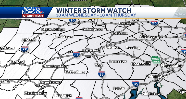 TiffanySavonaWX's tweet photo. WINTER STORM WATCH in effect Wednesday AM-Thursday AM. This storm is going to have a MAJOR impact across the Susquehanna Valley with significant snow totals possible. Here's our first map...and this map WILL change since we still more than 48 hours out. Prepare now! @WGAL https://t.co/lC27vbCkDH