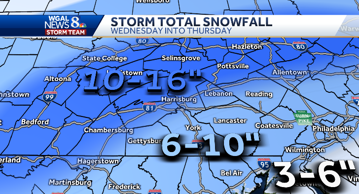 TiffanySavonaWX's tweet photo. WINTER STORM WATCH in effect Wednesday AM-Thursday AM. This storm is going to have a MAJOR impact across the Susquehanna Valley with significant snow totals possible. Here's our first map...and this map WILL change since we still more than 48 hours out. Prepare now! @WGAL https://t.co/lC27vbCkDH