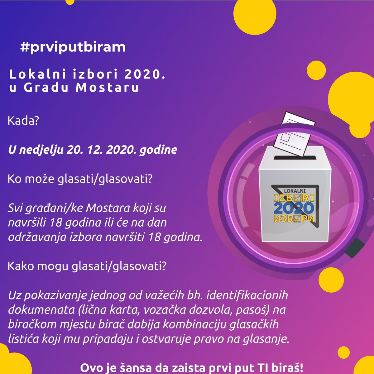 pod_lupom's tweet photo. Lokalni izbori u Gradu Mostaru će se održati 20. 12. 2020 godine. Iskoristi svoje pravo glasa! 📣

@eubih 

#eubih #koalicijapodlupom #podlupom #prviputbiram #lokalniizbori2020 https://t.co/TkNfXO2otx