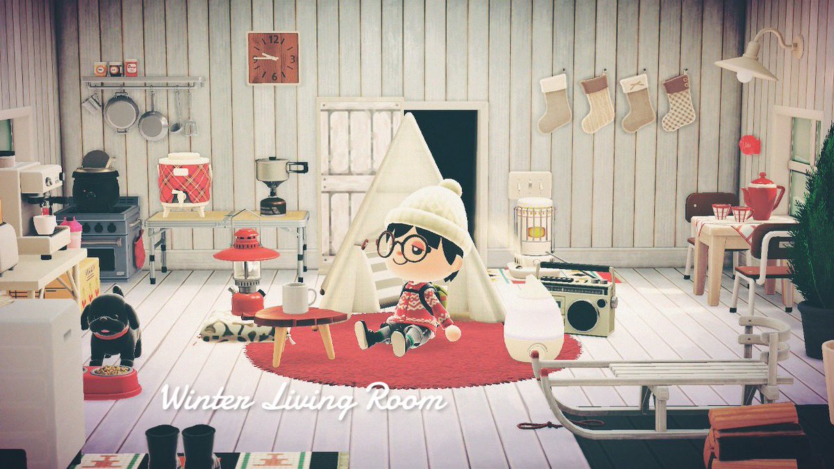 おゆ Twitterren 白 赤で冬っぽい部屋に模様替え アウトドア好きな男の子のリビングルーム あつまれどうぶつの森