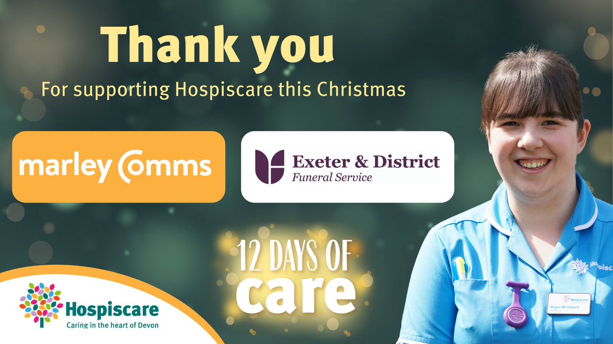 Hospiscare's tweet photo. #12DaysOfCare starts today and we want to say a huge thank you to @MarleyComms and Exeter &amp; District Funeral Service for sponsoring today's care on our ward.

Their support helps us be there for our community when they need us most. 🙌

More info: https://t.co/SfaLZ5A4uO https://t.co/gya9ccWOOX
