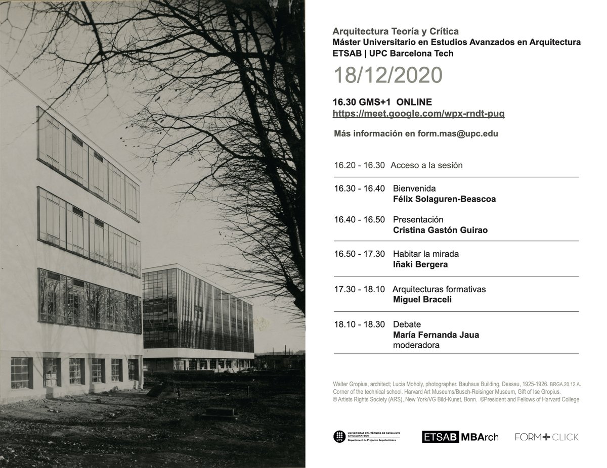 CLICK_UPC's tweet photo. Os invitamos a una sesión abierta del Máster de Arquitectura @ETSABarcelona en el marco de la asignatura Arquitectura, Teoría y Crítica, 18/12/2020 16:30
Iñaki Bergera y Miguel Braceli expondrán su trabajo fotográfico en relación a su experiencia de la crítica y la enseñanza. +👇 https://t.co/7jqRmIYb0d