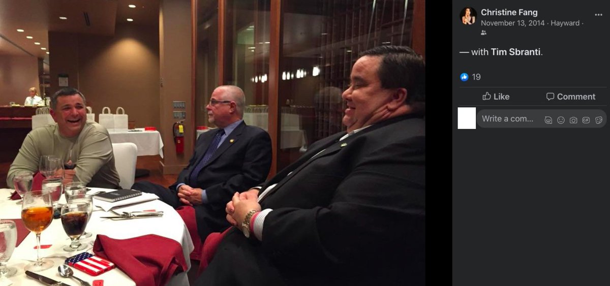 Tim Sbranti (former Dublin Mayor) on left. Scott Haggerty (Alameda County Supervisor) in middle.Bill Harrison (former mayor of Fremont) on right.Christine Fang posted this photo on FB and tagged Tim. This is important because Tim Sbranti was Swalwell's Deputy Chief of Staff.