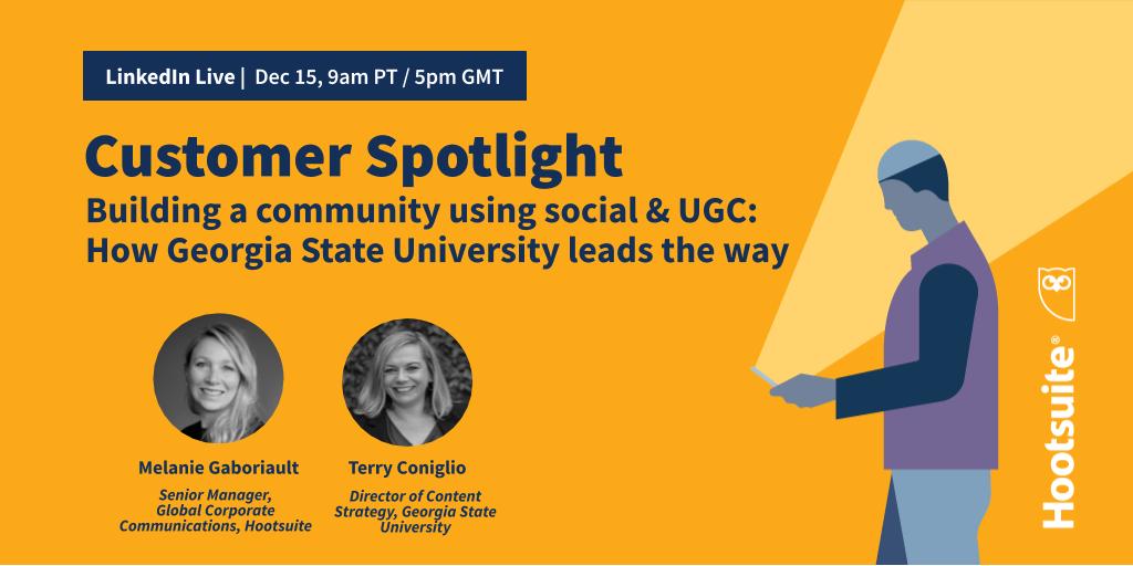 HootBusiness's tweet photo. Join us for a LinkedIn Live as we chat with @GeorgiaStateU about the power of social and user-generated in closing the loop between social, web, and the physical world to fuel school spirit. https://t.co/AqdwosH9V7 https://t.co/ljuyuVuN7b