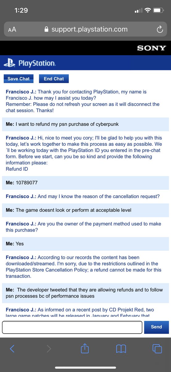 Waywardastro Get2sammyb Playstation Continues To Reject Psn Refund Requests For Cyberpunkgame See Chat Transcript For Today T Co Hcmhqorj5e