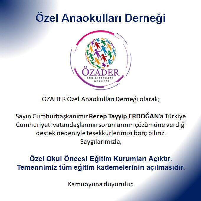 Başta Cumhurbaşkanımız Sayın <a href="/rterdogan/">Recep Tayyip Erdoğan</a> ‘a olmak üzere emeği geçen Tüm Velilerimize Öğretmenlerimize Ailelerimize Ve Bu süreçte canla başla mücadele eden <a href="/OOzader/">Özel Anaokulları Derneği Özader</a>  Ailemize sonsuz Teşekkürler.