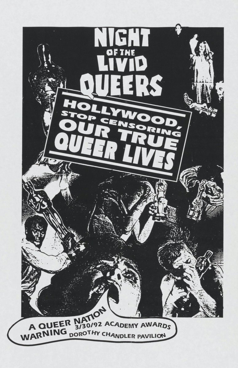 USCLibraries's tweet photo. #ONEOutFront: Recently digitized from the @ONEArchives at USC Libraries, this poster advertises the 1992 Queer Nation protest at the 64th-annual Academy Awards, which targeted homophobic representations of the LGBTQ community on the silver screen.

 More: https://t.co/O7u4Vgl0Xf https://t.co/NFamVEmJ4U