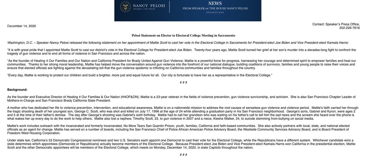 PELOSI announces that she has appointed Mattie Scott to cast an electoral vote for Biden. Scott's son was killed by gun violence 24 years ago and she's become an activist on the issue in the decades since.