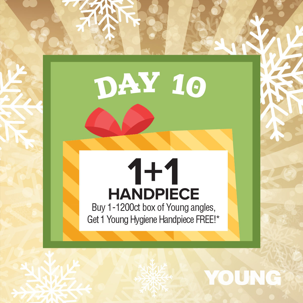 It's Day 10 of our 12 Days of Dental Deals extravaganza! ✨
.
Today's offer is: Buy (1) 1200ct box of Young Prophy Angles, Get (1) Young Hygiene Handpiece FREE! 
.
Learn more: yng.ink/deals2020