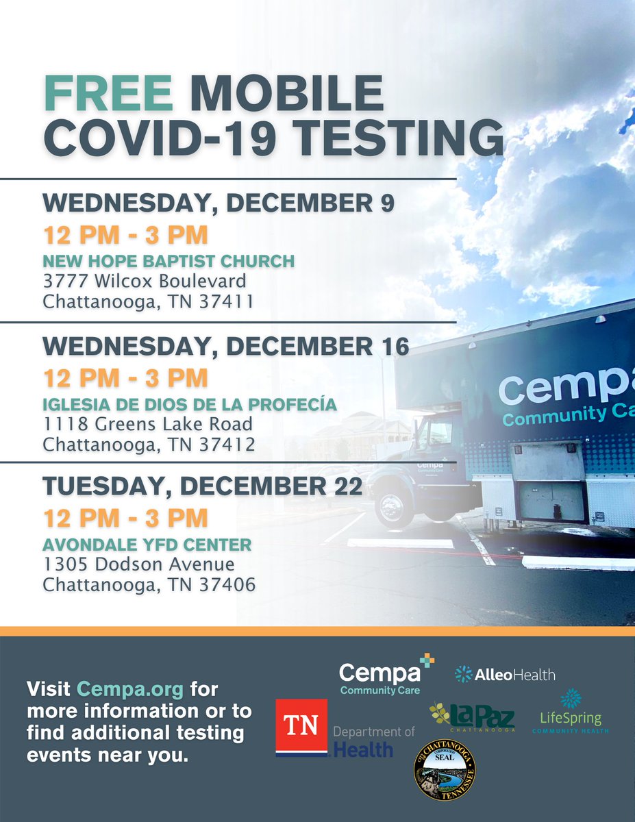 #Chattanooga – Check out <a href="/CempaCare/">Cempa Community Care</a>'s FREE mobile COVID-19 testing event during December. No cost &amp; no appointment required. See more here: bit.ly/3qsyTPE