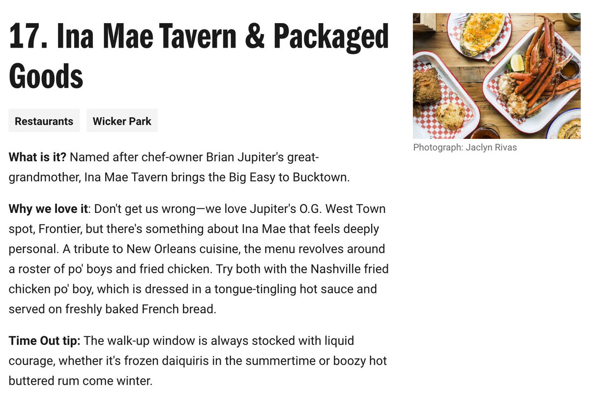 A tribute to New Orleans cuisine, the menu revolves around a roster of po' boys and fried chicken. Try both with the Nashville fried chicken po' boy, which is dressed in a tongue-tingling hot sauce and served on freshly baked French bread <a href="/TimeOutChicago/">Time Out Chicago</a> 

timeout.com/chicago/restau…