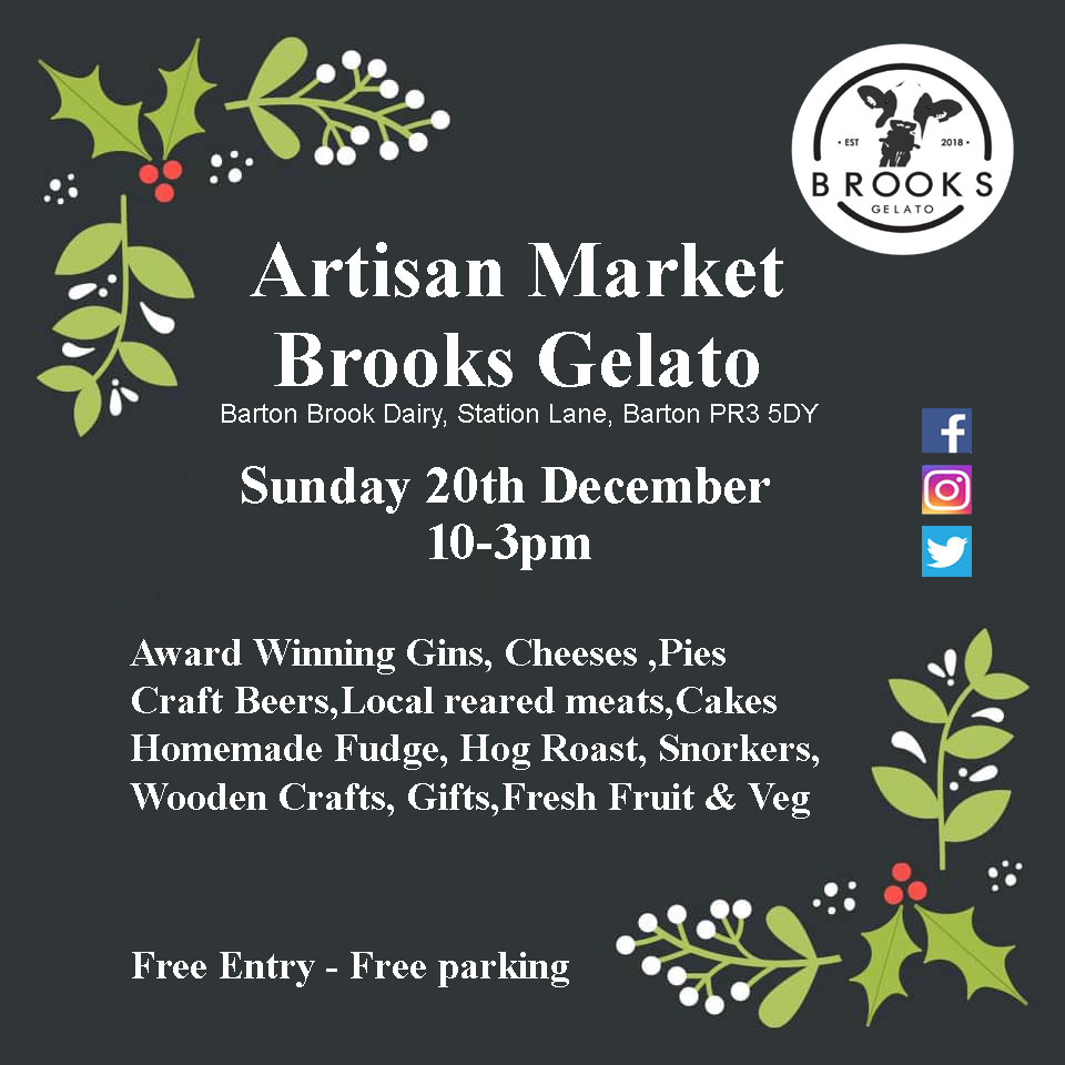 Artisan Market  Sunday 20th December <a href="/TheBartonBrook/">BartonBrookDairy</a> <a href="/PiggeryD/">PiggeryDesigns</a> <a href="/tpcompanycrust/">Travelling Pizza Co.</a>
<a href="/TwistedWheelBC/">Twisted Wheel Brew Co.</a> <a href="/wildfoxdistill1/">wildfoxdistillery</a> <a href="/thelittlebakeco/">The Little Bake Company</a>
<a href="/goosnarghgin/">goosnarghgin</a> <a href="/LancashireIn/">MadeInLancashire</a> <a href="/Lancslocal/">Lancs Local</a>
<a href="/visitpreston/">Visit Preston</a> <a href="/blogpreston/">Blog Preston</a> <a href="/MarketingLancs/">Marketing Lancashire</a>
<a href="/lancstelegraph/">Lancashire Telegraph</a> <a href="/LancashireVisit/">Visit Lancashire</a> <a href="/VisitLancashire/">visitLancashire.com</a>
#artisanmarket