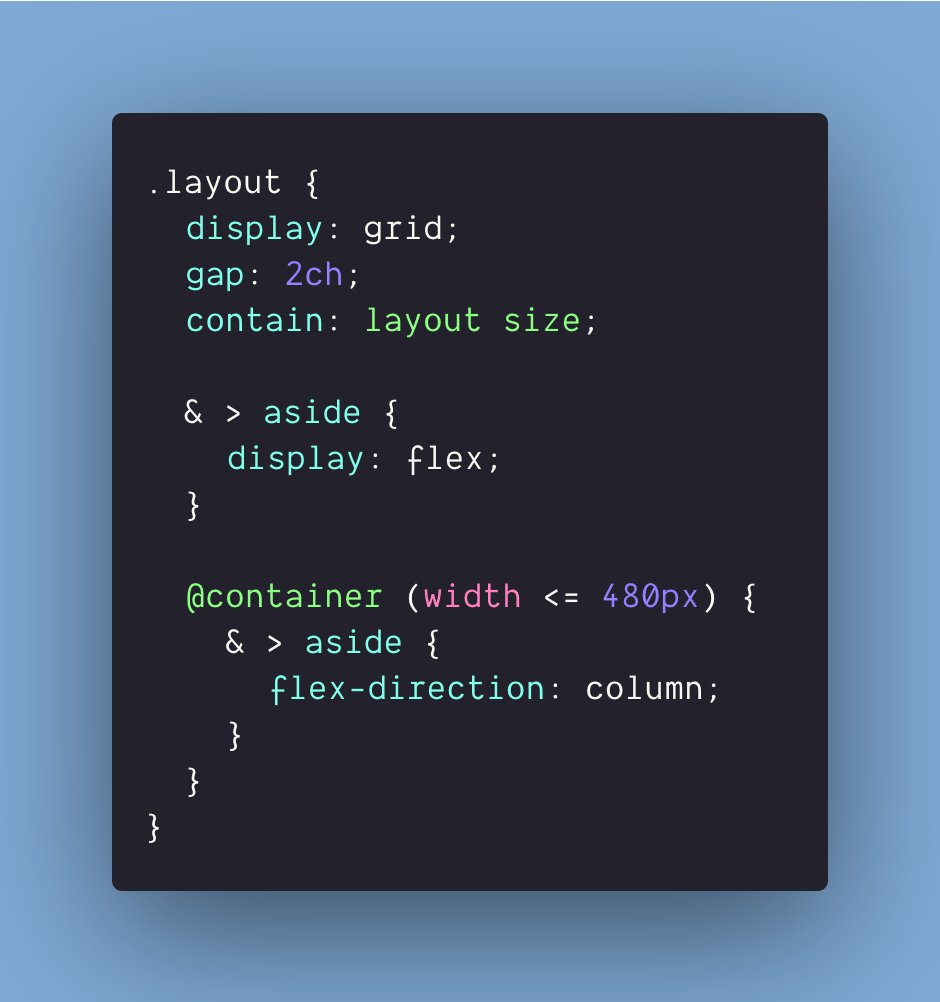 argyleink's tweet photo. future CSS example!
- layout container has `contain`
- `contain` enables `@container` query
- <aside> changes from a horizontal to vertical list based on layout container width
- nesting keeps it DRY and central
how close or far away is this from what you're imaginingβ½ https://t.co/ymuy3U4YwV