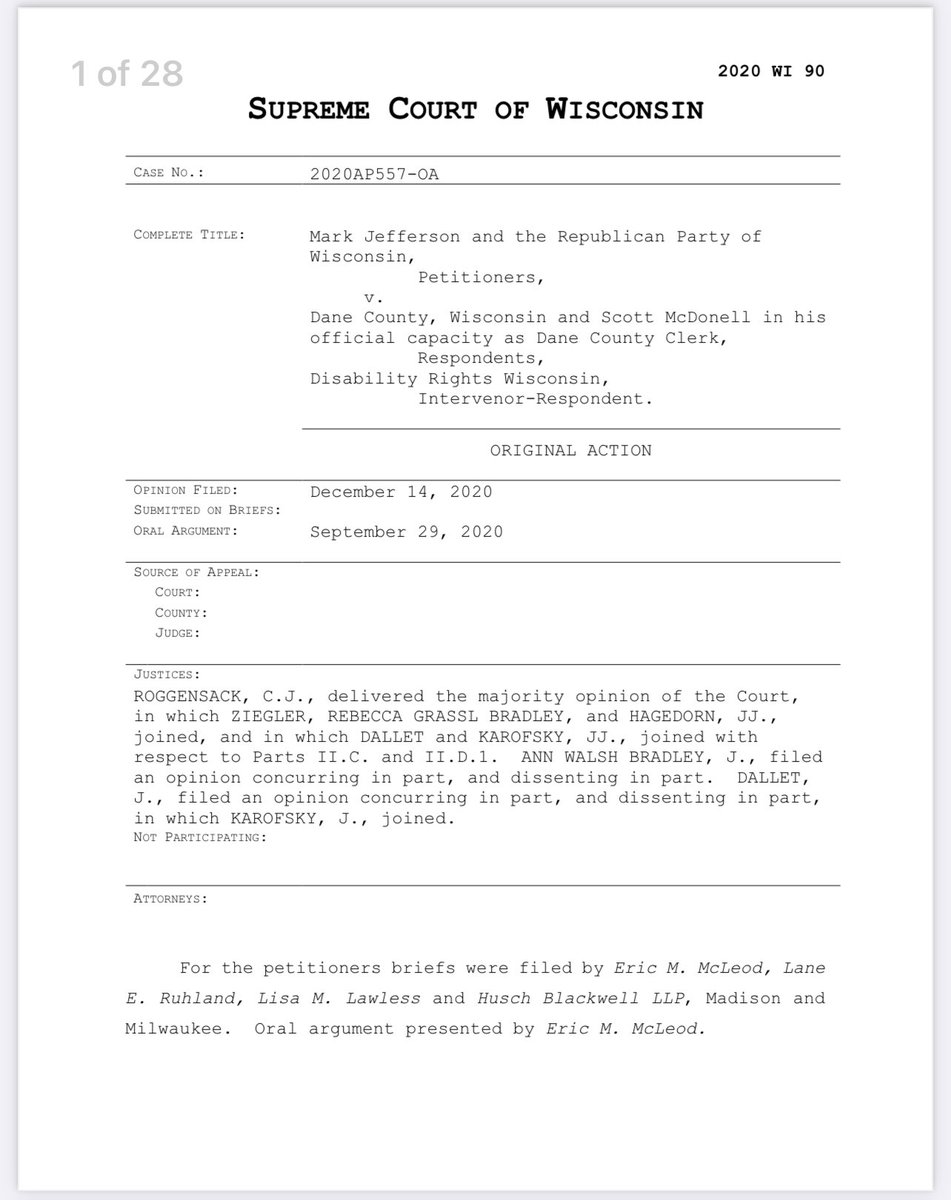 To clarify - this is the decision in the case of the Republican Party of WI vs Dane county - not the POTUS case - two cases, this is an important decision. Now to figure out remedy.