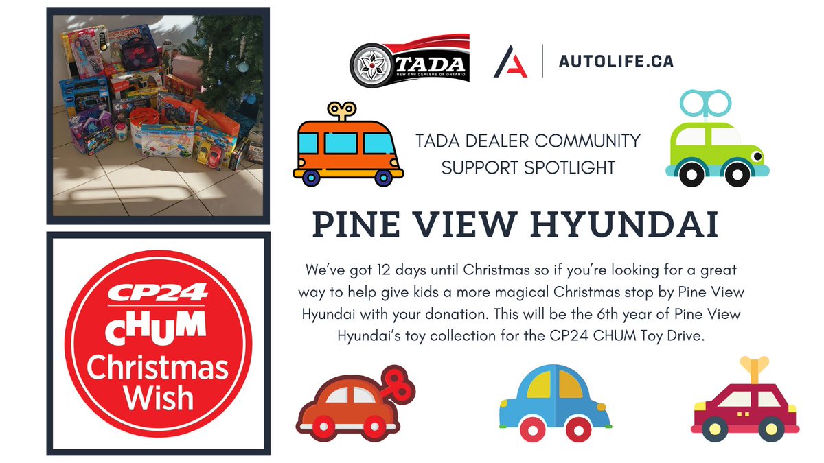 AutoLifeCA's tweet photo. We’ve got 12 days until Christmas so if you’re looking for a great way to help give kids a more magical Christmas stop by @PineViewHyundai with your donation. Discover more on #AutoLife https://t.co/51bhyeoS8w

#Toydrive #localbusiness #familybusiness #communitysupport https://t.co/zzXVg7JpY8