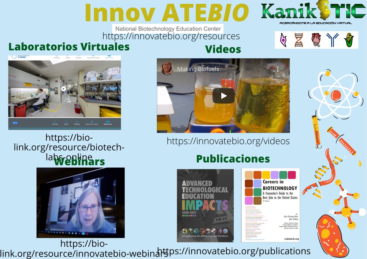 KanikTic's tweet photo. InnovATEBIO es el Centro de Educación Nacional de Biotecnología y cuenta con diversos recursos que podrías usar para tus clases de Biotecnología. Te invitamos a explorarlos. #InnovATEBIO #kaniktic #clasesvirtuales #Biotecnologia #laboratoriosvirtuales https://t.co/7m2pOy4pI8