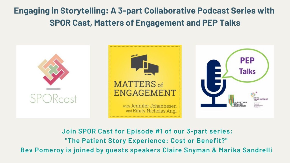 We have a special mini-series we’re releasing this week: Engaging in Storytelling:  A 3-part collaborative podcast series with <a href="/SPORCast/">Podcast Deportivo</a>, <a href="/MattersEngage/">Matters of Engagement podcast</a> <a href="/AbSPORU_PEP/">Patient Engagement Platform</a> 1st of 3 being released tomorrow The Patient Story Experience: Cost or Benefit?
