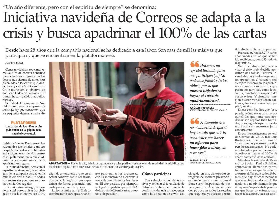 Gracias @ElMercurio_cl por difundir este llamado a convertirse en #PascueroDigital esta navidad. Podemos cambiar la sonrisa de un niño o niña vulnerable apadrinando una de las miles de cartas que llegan a <a href="/correoschile/">CorreosChile</a> 💌. Vale la pena hacer un esfuerzo para hacerlos felices 💕