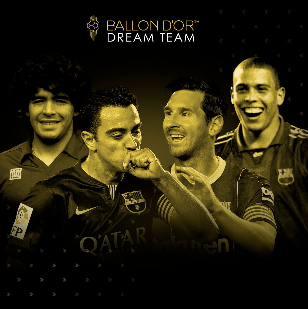 FCBarcelona's tweet photo. 4️⃣ 𝘣𝘭𝘢𝘶𝘨𝘳𝘢𝘯𝘦𝘴 are on the @francefootball Ballon d’Or Dream Team! 

Leo #Messi
Xavi
Ronaldo
Maradona https://t.co/e6pyEe8CMp
