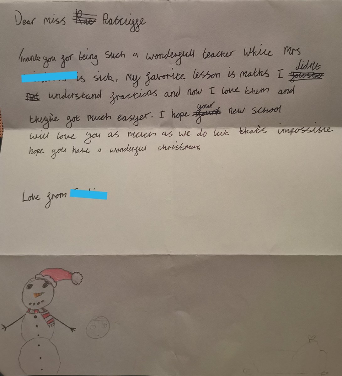 Grace_Cliffe's tweet photo. This is why I teach!! I've planned out a talent show performance, organised an exciting science day and all sorts of other winter craft activities, but this year 6 wrote me a beautiful letter to thank me for helping them understand fractions. I'm really going to miss this class! https://t.co/RnmvcrbVMD