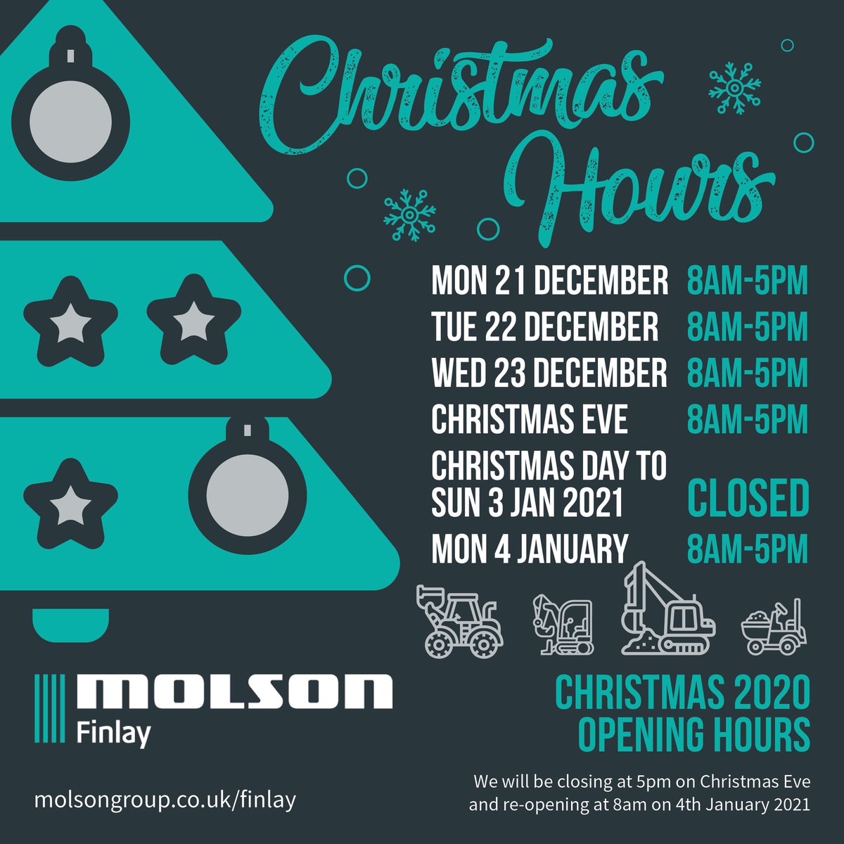 Molson Finlay (@molsonfinlay) on Twitter photo Christmas opening hours 🎄🎄
The Molson Parts team will still be available throughout the festive period (exc. bank holidays):
E: parts@molsongroup.co.uk
T: 01179 160 250
#christmas2020 #openinghours #molsonfinlay #molsongroup #parts #quarry #crusher #screener #terexfinlay Christmas opening hours 🎄🎄
The Molson Parts team will still be available throughout the festive period (exc. bank holidays):
E: parts@molsongroup.co.uk
T: 01179 160 250
#christmas2020 #openinghours #molsonfinlay #molsongroup #parts #quarry #crusher #screener #terexfinlay