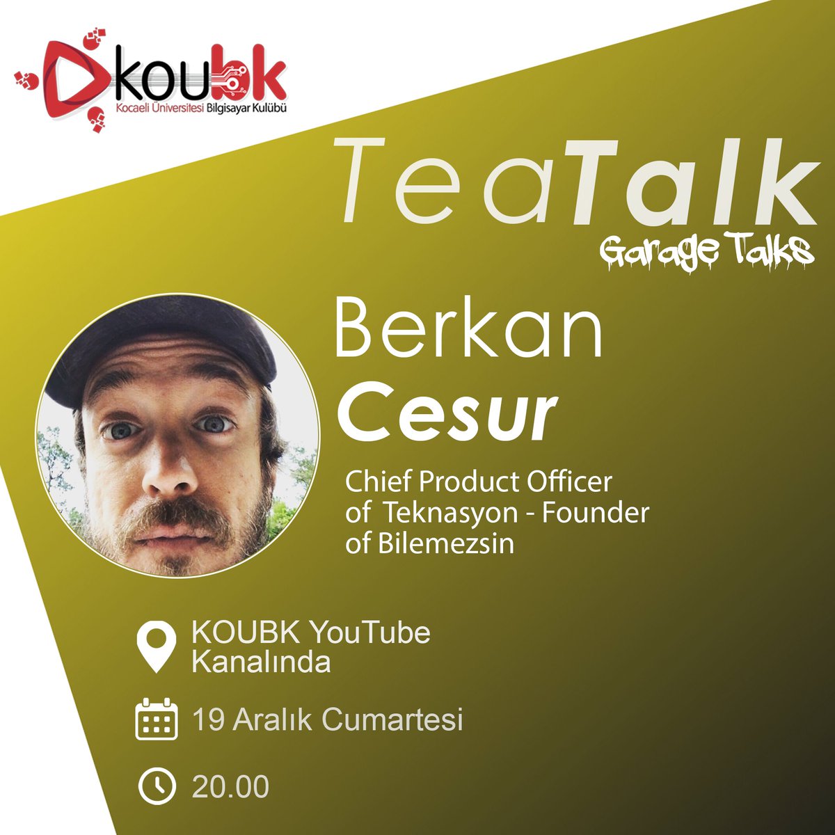 Bu hafta cumartesi günü saat 20:00'da 1.2 M bir yatırım alan Bilemezsin'in kurucusu Berkan Cesur ile birlikteyiz. Teknasyon'da Chief Product Officer olarak görev yapan Berkan Bey'in sektördeki deneyimlerini bizimle paylaşacağı Garage Talk'a sizleri de bekliyoruz.