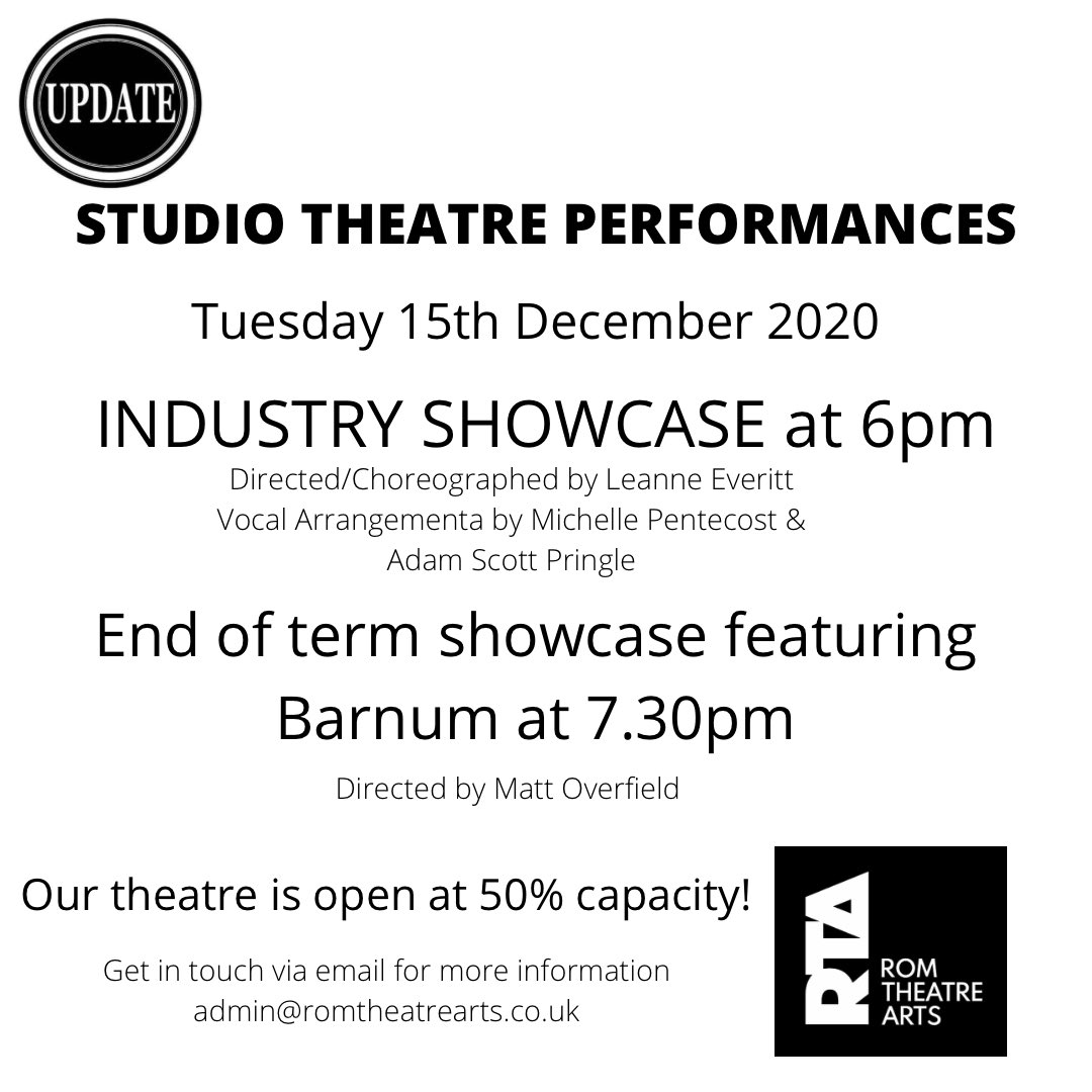 Rom Theatre Arts (@romtheatrearts) on Twitter photo **UPDATE**
INDUSTRY SHOWCASE will now be in our studio theatre TOMORROW at 6pm!!
Our end of term showcase including work from BARNUM will be at 7.30pm!!
Get in touch ASAP admin@romtheatrearts.co.uk for more information 🖤 **UPDATE**
INDUSTRY SHOWCASE will now be in our studio theatre TOMORROW at 6pm!!
Our end of term showcase including work from BARNUM will be at 7.30pm!!
Get in touch ASAP admin@romtheatrearts.co.uk for more information 🖤