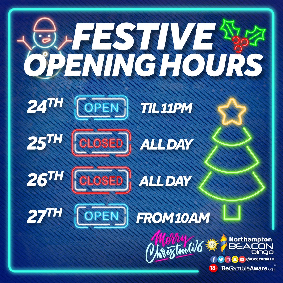 BuzzBingoNTH's tweet photo. OUR FESTIVE OPENING TIMES! 🎄🎅

#StaySafe #ChooseBeacon #BeaconNTH https://t.co/GzriwdaH7s