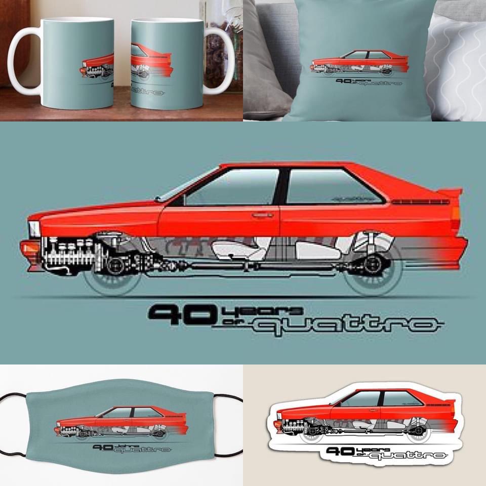 ManicAuto's tweet photo. Check out our latest design which celebrates 40 years of Audi Quattro! Available on loads of great products at our Redbubble shop: https://t.co/ox0XapVFQP 

#Audi #Quattro #design #cars #rallycar #40yearsofquattro https://t.co/o2SBjkyrrU