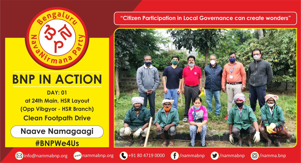 NammaBNP's tweet photo. With over Rs 7 lac spent on Roads & footpath maintenance for HSR layout, the footpath Opposite Vibgyor is unattended full of bushes
BNP has initiated a footpath clean-up drive and has been cleaning the place with the help of citizens of the area.
#CleanFootpath #NaaveNamagaagi https://t.co/WBDE5iXV3r