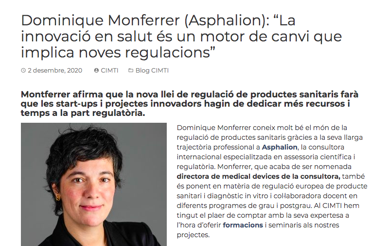 CIMTI_cat's tweet photo. 🗣 Hem entrevistat #DominiqueMonferrer, recentment nomenada directora de dispositius mèdics d'@Asphalion, al #BlogCIMTI per parlar sobre la nova llei de regulació de productes sanitaris i altres temes d'actualitat.
Llegiu l'entrevista completa aquí 👇
https://t.co/sZJiMIyDKR https://t.co/CX3h9aAurN