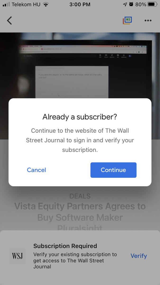 JaredSchrieber's tweet photo. @WSJ Might I suggest an improvement to your subscription conversion funnel?  If I tap an article of yours in Google News, give me the option of signing up for a subscription (especially an auto-renewing paid trial). https://t.co/7VGULsy8Xf