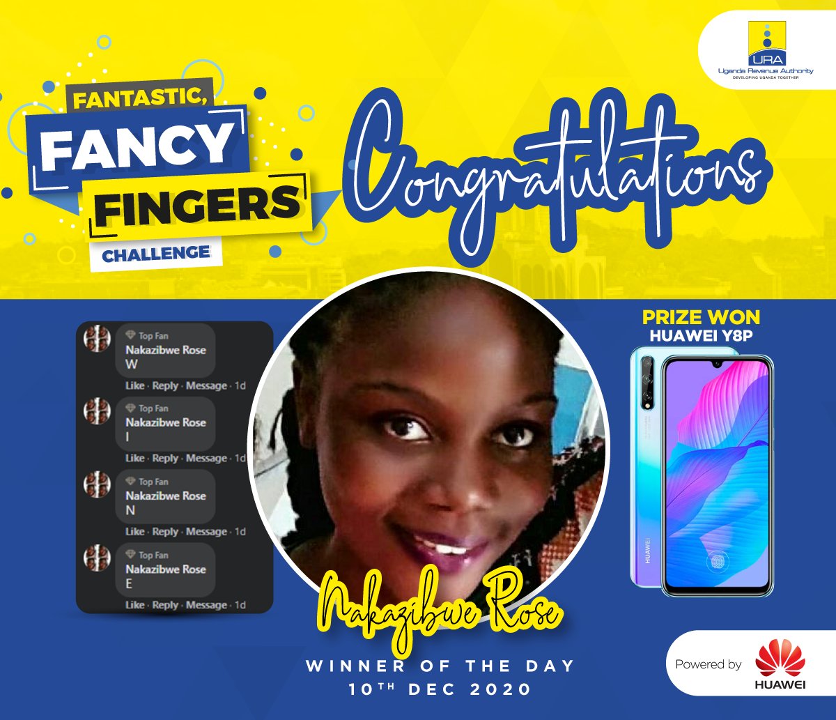 URAuganda's tweet photo. Congratulations Rose Nakazibwe, the #TPAS20 Fancy Fingers Challenge winner for 10/12/20.
We applaud you and encourage everyone to take part in this digi-challenge on our Facebook page.
You could be a winner of a brand new @Huawei Y8P smart phone powered by Huawei Ug!
#TPAS20 https://t.co/L6Bt2sjb8Z