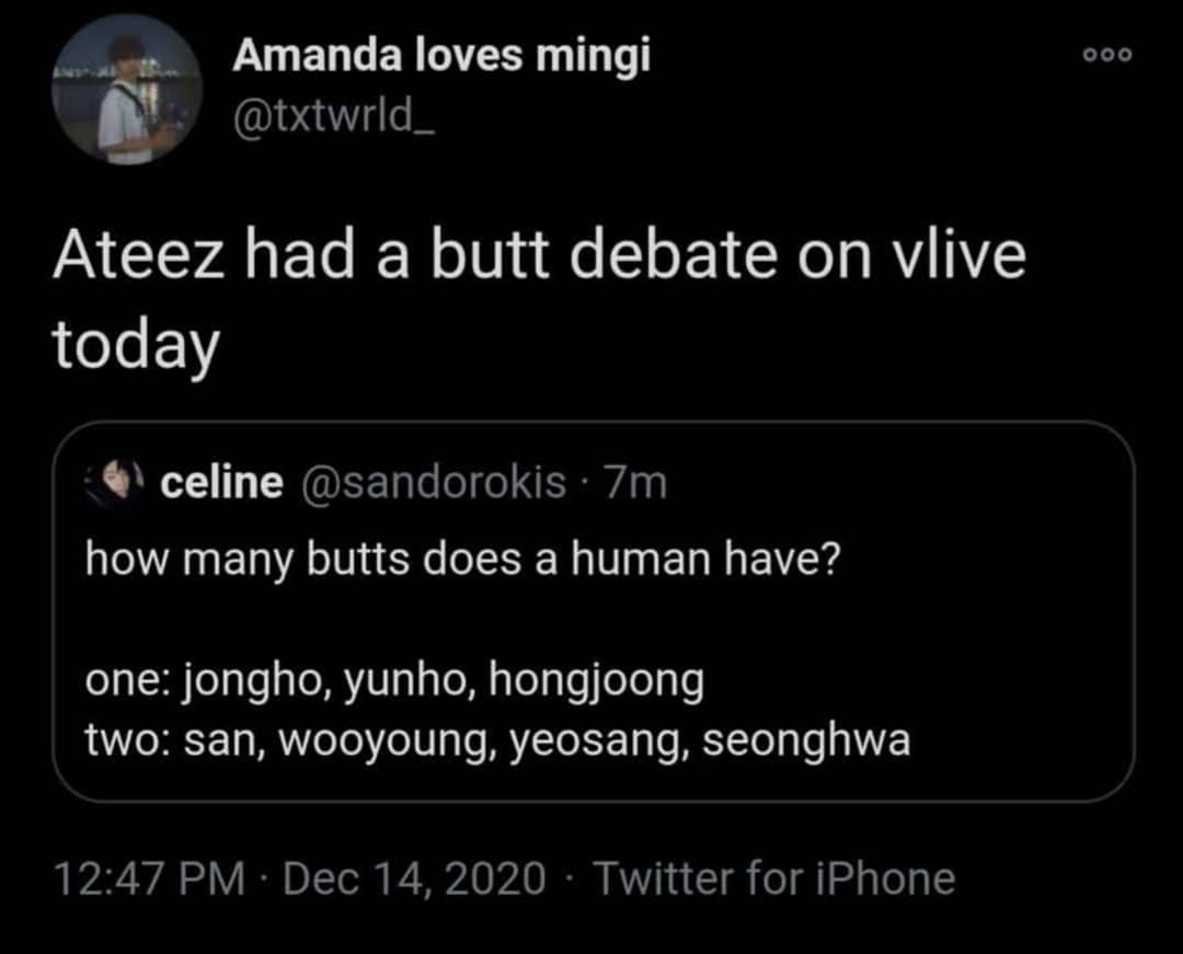 ateez_2001's tweet photo. @ATEEZofficial  Debate of the year 😂😂 what do u think do we have one butt or two 🤔🙃
#ateez #hongjoong #seonghwa #yunho #wooyoung #san #jongho #mingi #yeosang #atiny #merrychristmas #debate #debateoftheyear https://t.co/40DjsFdmdU