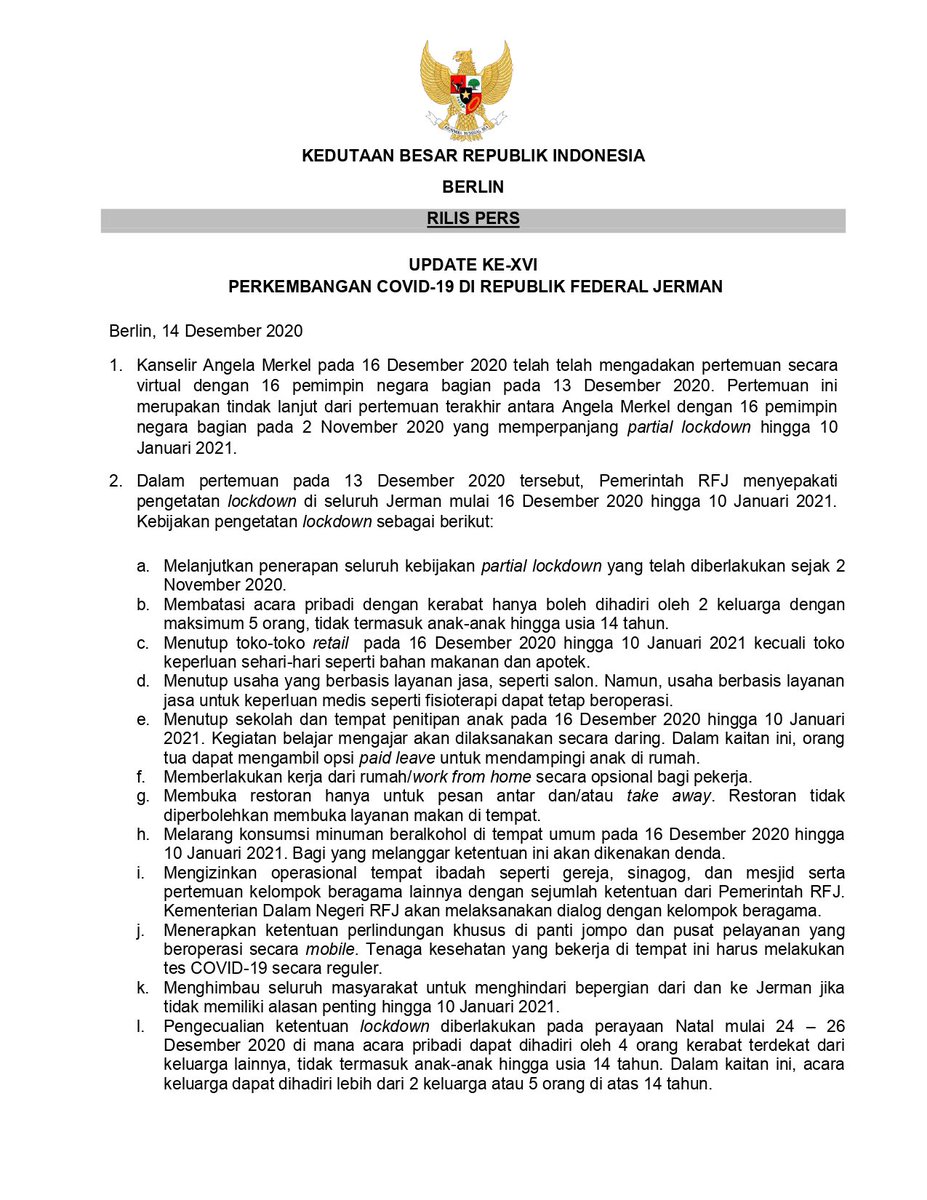 indonesiainber's tweet photo. 📢📢📢 Pengetatan Lockdown di Republik Federal Jerman akan dimulai pada 16 Desember 2020 hingga 10 Januari 2021.
Baca lebih lanjut seputar ketentuan pengetatan Lockdown dan pelarangan perayaan malam tahun baru dan tahun baru pada pembaruan berikut.

#inidiplomasi
#indonesianway https://t.co/dY9JPxbfih
