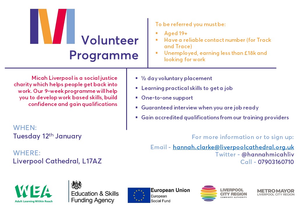 MicahVolProg's tweet photo. NEXT VOLUNTEER PROGRAMME✨

Our next @MicahLiverpool Volunteer Programme at @LivCathedral begins on Tuesday 12th January. Looking to develop skills and confidence to get back into employment? See below👇

#skills #employment #liverpool #jobs #volunteering https://t.co/E6YUNApJCD