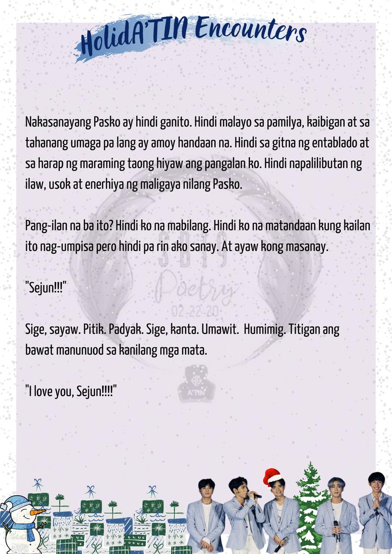 SB19Poetry's tweet photo. #HolidATINEncounters 

Tuloy Na Ang Mga Plano

Hindi nasusukat ang ligayang dulot ng Pasko sa patingkaran ng palamuting ilaw at palakasan ng hiyaw.

Inilathala ni: Mnemosyne

#StarFMBestof2020 P-Pop Group of the Year - SB19 @StarFMBaguio

SB19 WikiDay
@SB19Official https://t.co/OIvoQc5u3P