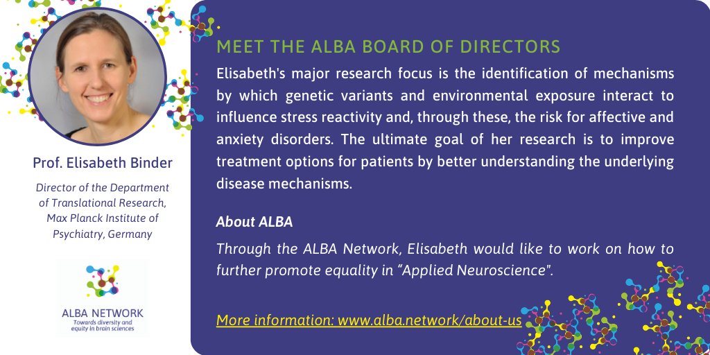 Meet the ALBA Board of Directors: Elisabeth Binder is the Chair of the Awards working group. She studies the  #genetic and  #environmental influence on  #stress reactivity and development of psychiatric  #disorders. #ALBAintro  #ALBAretrospectiveMore at:  http://alba.network/aboutus 