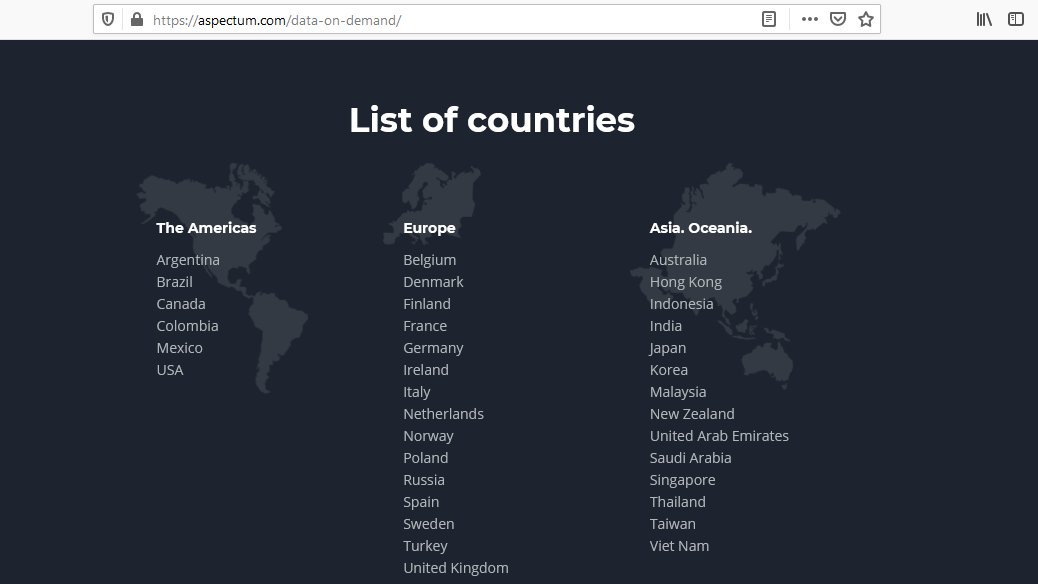 Sources: https://aspectum.com/industry-public-safety/ https://aspectum.com/data-on-demand/ As a part of a 'combined offer from Aspectum and Predicio', that 'enables' clients 'to track and analyze human activities', 'foot traffic data' is 'available for selected countries' including the US and most EU countries.