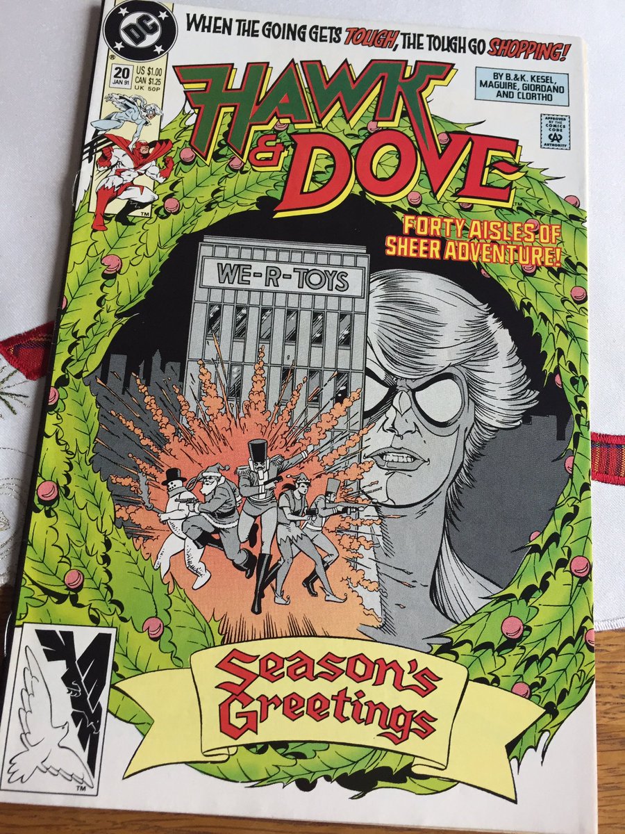 Christmas Comics Day 14 - HAWK & DOVE #20, “A Babe In Toyland”, writers: Barbara & Karl Kesey; art: Kevin Maguire & Dick Giordano; letters: Gaspar Saladino; colour: Tom McCraw. Dove finds herself in a toy store Die Hard scenario. See I told you Die Hard is a Christmas movie...