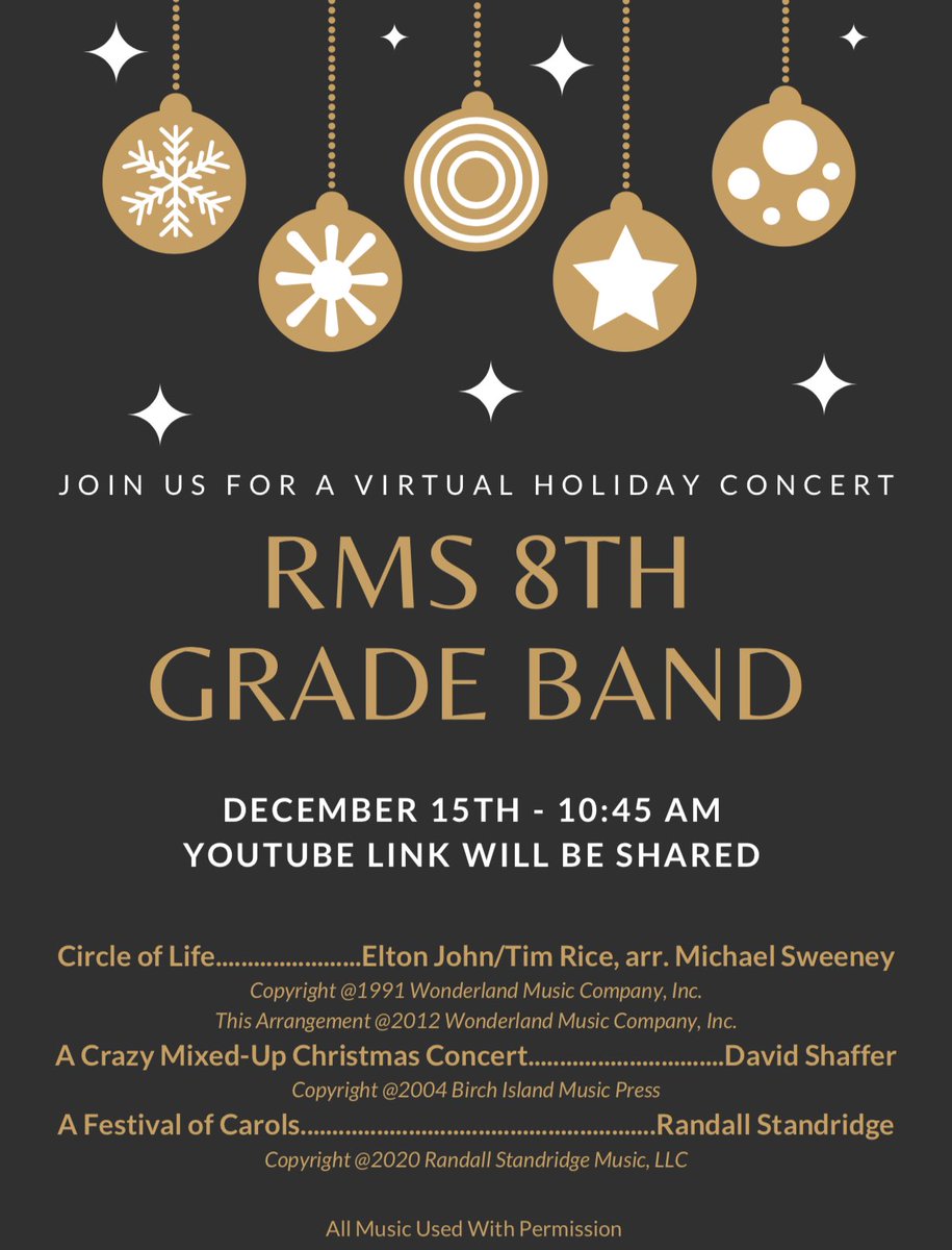 rmsbands's tweet photo. Join us December 15 for the RMS Bands’ Virtual Holiday Concerts! Each grade level will have their own brief performance streamed separately (see flyers). 

We will share the links on every social media platform, email &amp; method of contact we have. Videos will stay up for ONE week. https://t.co/Hz8YLOw8pt
