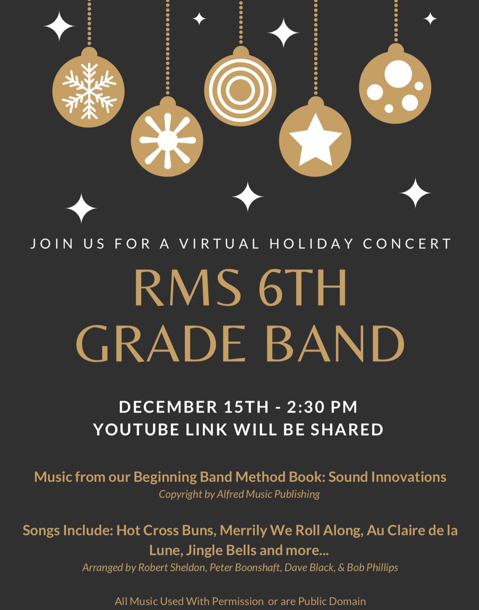 rmsbands's tweet photo. Join us December 15 for the RMS Bands’ Virtual Holiday Concerts! Each grade level will have their own brief performance streamed separately (see flyers). 

We will share the links on every social media platform, email &amp; method of contact we have. Videos will stay up for ONE week. https://t.co/Hz8YLOw8pt